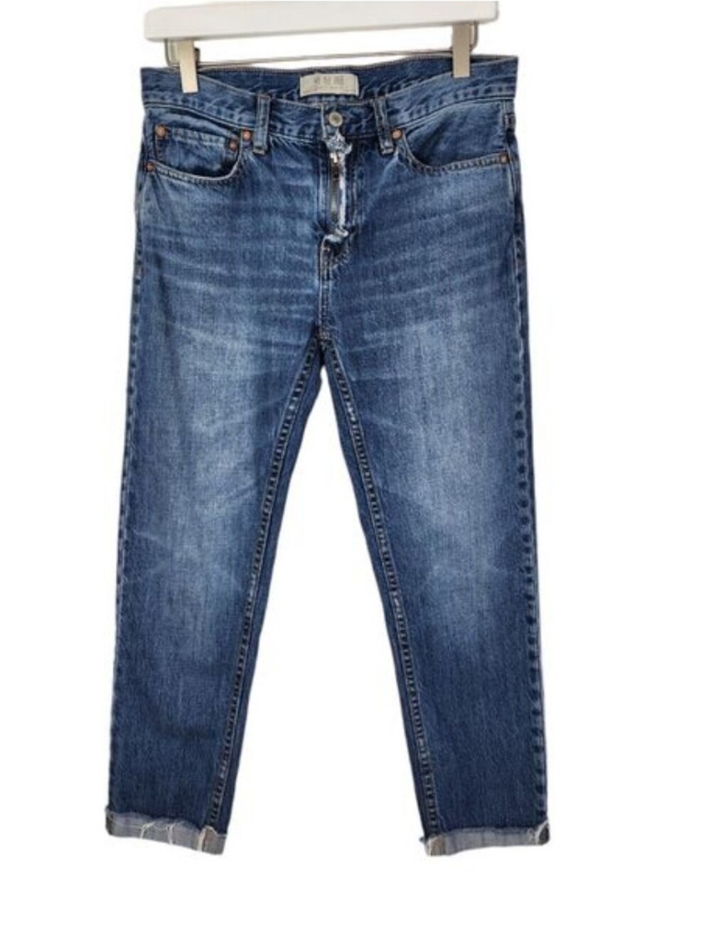 FREE PEOPLE Jeans Womens 25 Blue Exposed Zipper Fly Cuffed Cropped Slim Leg